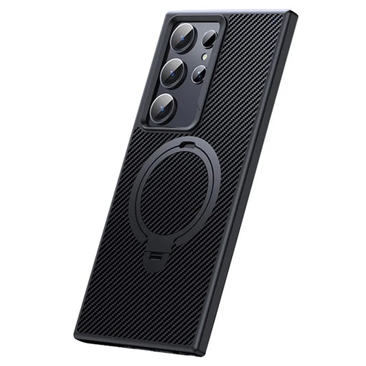 For Samsung Galaxy S24 Ultra Magnetic Case Carbon Fiber Texture Ring Kickstand Phone Cover
