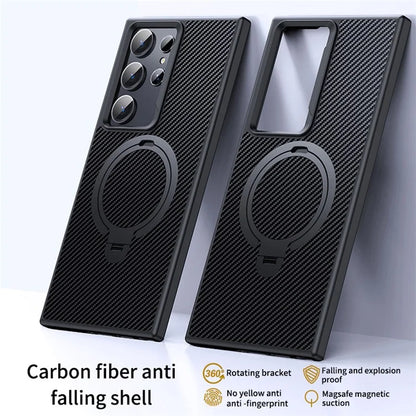For Samsung Galaxy S24 Ultra Magnetic Case Carbon Fiber Texture Ring Kickstand Phone Cover