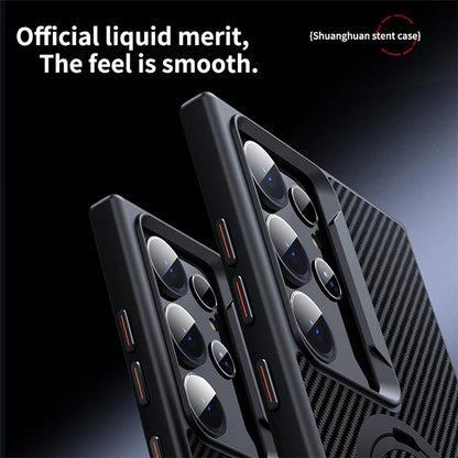 For Samsung Galaxy S24 Ultra Magnetic Case Carbon Fiber Texture Ring Kickstand Phone Cover