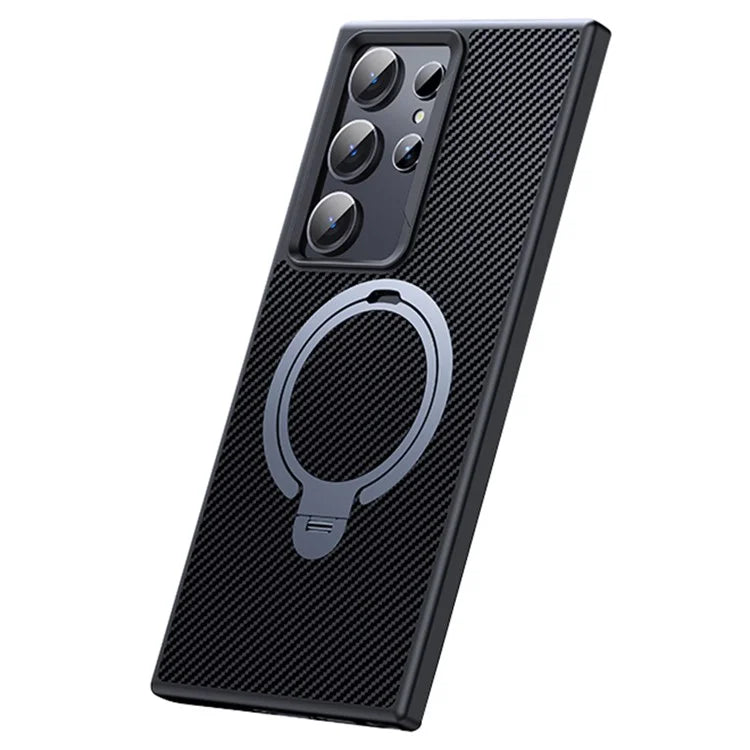 For Samsung Galaxy S24 Ultra Magnetic Case Carbon Fiber Texture Ring Kickstand Phone Cover