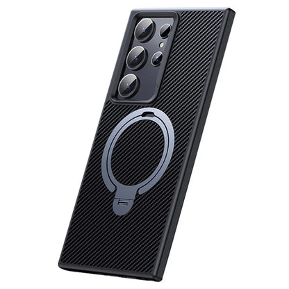 For Samsung Galaxy S24 Ultra Magnetic Case Carbon Fiber Texture Ring Kickstand Phone Cover