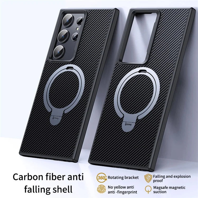 For Samsung Galaxy S24 Ultra Magnetic Case Carbon Fiber Texture Ring Kickstand Phone Cover