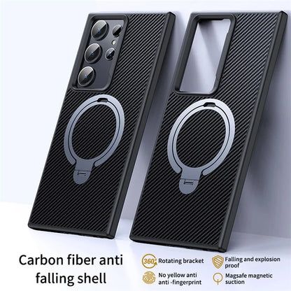 For Samsung Galaxy S24 Ultra Magnetic Case Carbon Fiber Texture Ring Kickstand Phone Cover