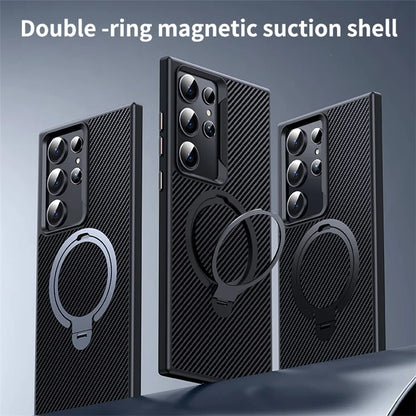 For Samsung Galaxy S24 Ultra Magnetic Case Carbon Fiber Texture Ring Kickstand Phone Cover