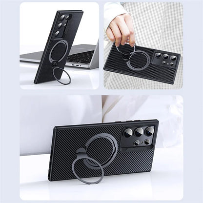 For Samsung Galaxy S24 Ultra Magnetic Case Carbon Fiber Texture Ring Kickstand Phone Cover