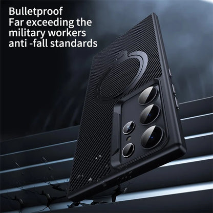 For Samsung Galaxy S24 Ultra Magnetic Case Carbon Fiber Texture Ring Kickstand Phone Cover