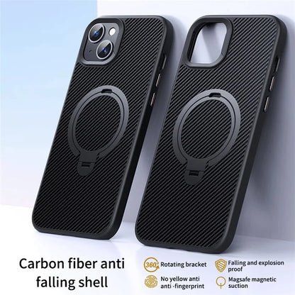 Compatible with MagSafe Phone Cases for iPhone 14 Plus Carbon Fiber Texture Kickstand PC+TPU Phone Cover
