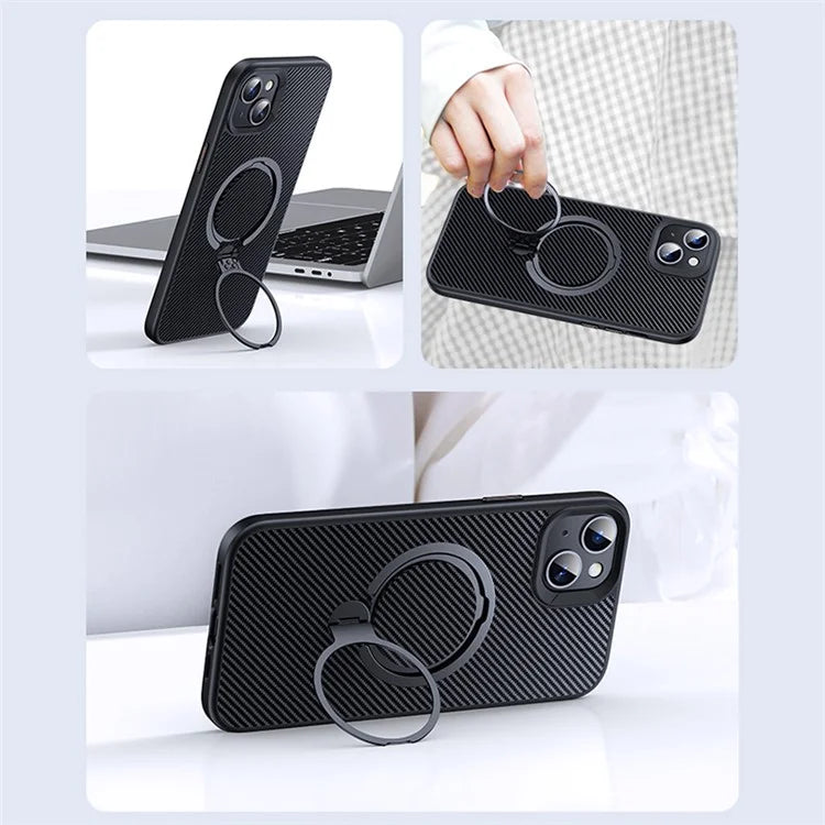 Compatible with MagSafe Phone Cases for iPhone 14 Plus Carbon Fiber Texture Kickstand PC+TPU Phone Cover
