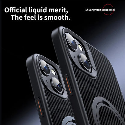 Compatible with MagSafe Phone Cases for iPhone 14 Plus Carbon Fiber Texture Kickstand PC+TPU Phone Cover