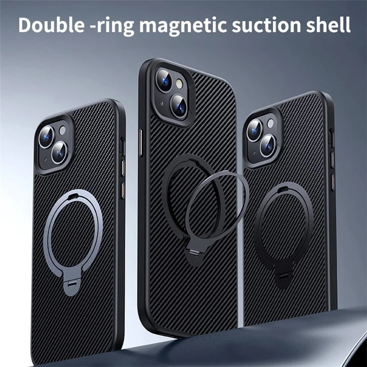 Compatible with MagSafe Phone Cases for iPhone 14 Plus Carbon Fiber Texture Kickstand PC+TPU Phone Cover