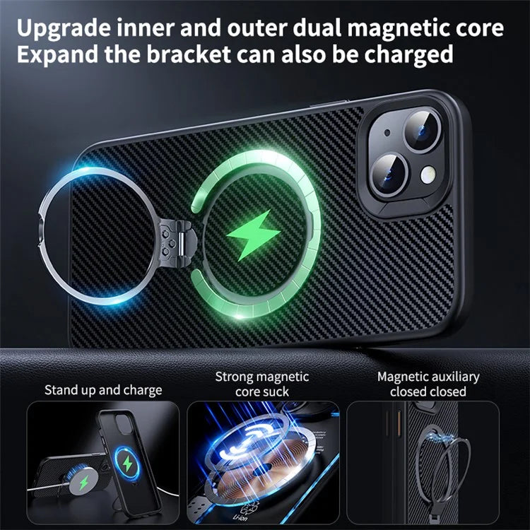 Compatible with MagSafe Phone Cases for iPhone 14 Plus Carbon Fiber Texture Kickstand PC+TPU Phone Cover