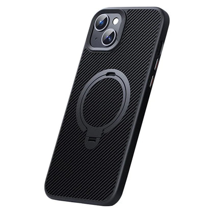 For iPhone 13 / 14 Magnetic Case with Kickstand Carbon Fiber Texture PC+TPU Phone Cover