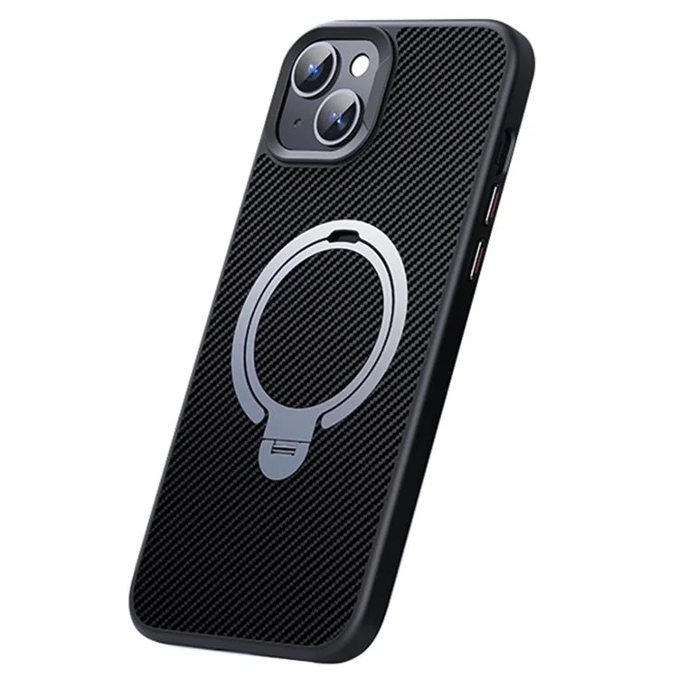 For iPhone 13 / 14 Magnetic Case with Kickstand Carbon Fiber Texture PC+TPU Phone Cover
