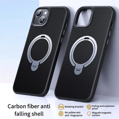 For iPhone 13 / 14 Magnetic Case with Kickstand Carbon Fiber Texture PC+TPU Phone Cover