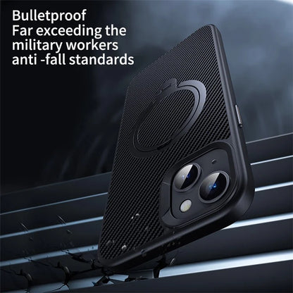For iPhone 13 / 14 Magnetic Case with Kickstand Carbon Fiber Texture PC+TPU Phone Cover