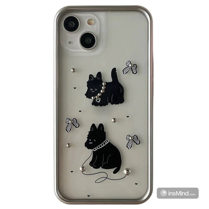 For iPhone 15 Case Electroplating TPU Phone Cover Black Dog Pattern Design