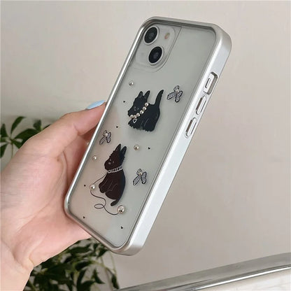 For iPhone 15 Case Electroplating TPU Phone Cover Black Dog Pattern Design