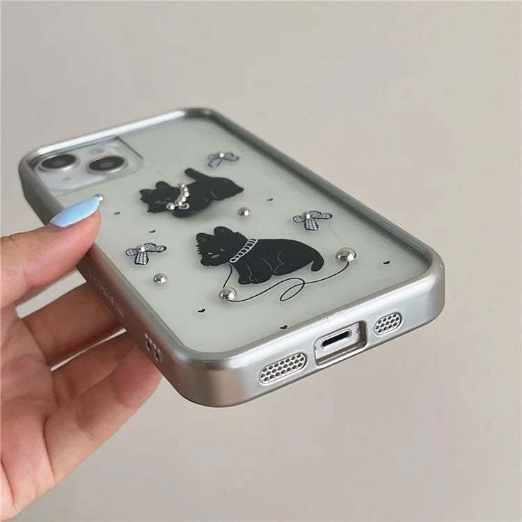 For iPhone 15 Case Electroplating TPU Phone Cover Black Dog Pattern Design