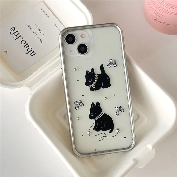 For iPhone 15 Case Electroplating TPU Phone Cover Black Dog Pattern Design
