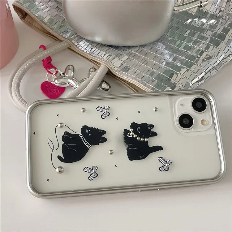 For iPhone 15 Case Electroplating TPU Phone Cover Black Dog Pattern Design