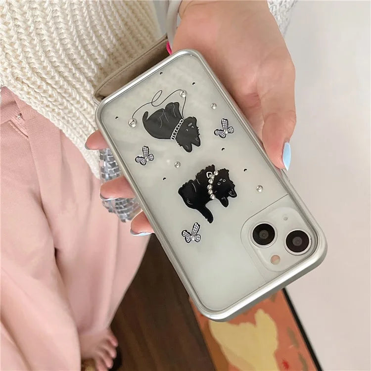 For iPhone 15 Case Electroplating TPU Phone Cover Black Dog Pattern Design