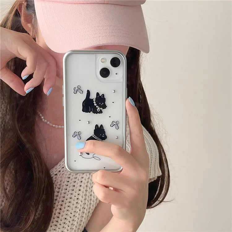 For iPhone 15 Case Electroplating TPU Phone Cover Black Dog Pattern Design