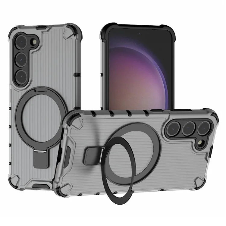For Samsung Galaxy S23+ Case Ring Kickstand Stripe Design PC+TPU Shell Compatible with MagSafe