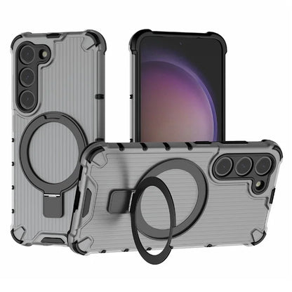 For Samsung Galaxy S23+ Case Ring Kickstand Stripe Design PC+TPU Shell Compatible with MagSafe