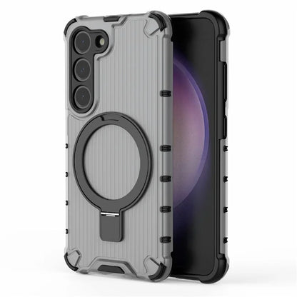 For Samsung Galaxy S23+ Case Ring Kickstand Stripe Design PC+TPU Shell Compatible with MagSafe
