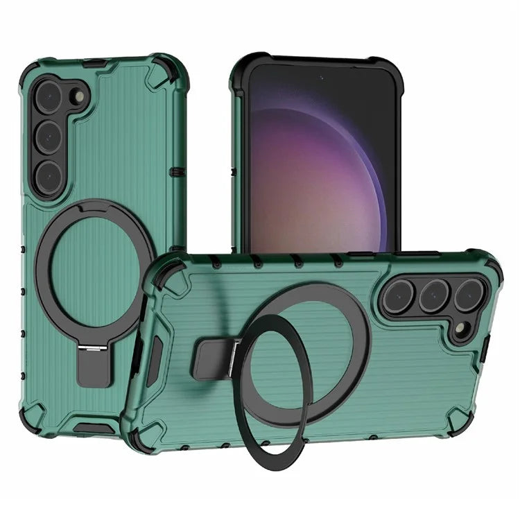 For Samsung Galaxy S23+ Case Ring Kickstand Stripe Design PC+TPU Shell Compatible with MagSafe