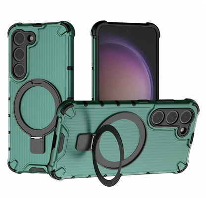 For Samsung Galaxy S23+ Case Ring Kickstand Stripe Design PC+TPU Shell Compatible with MagSafe