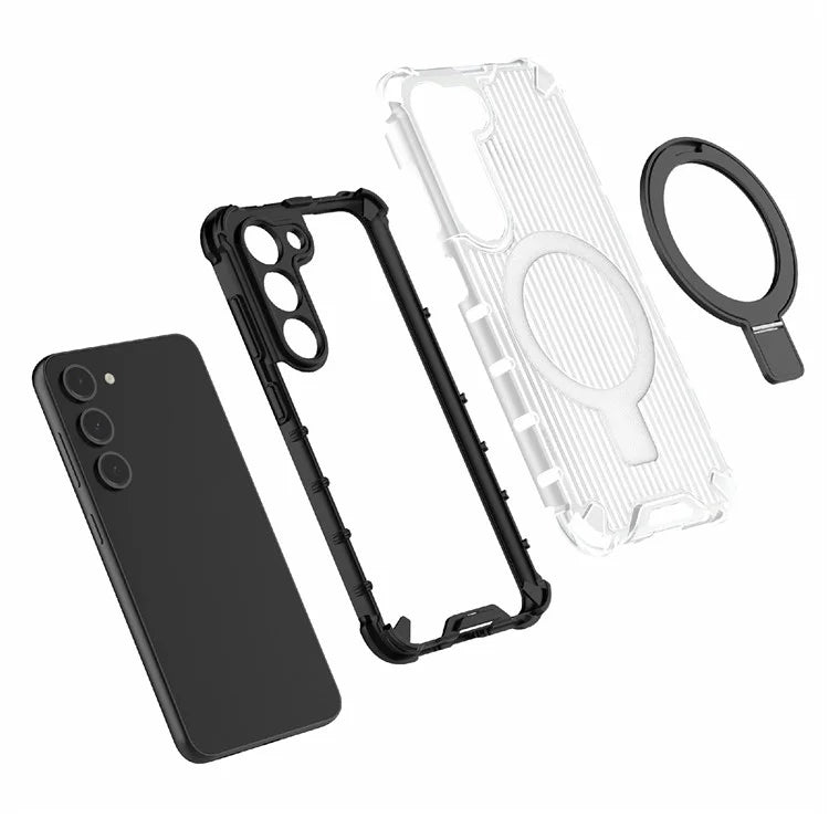 For Samsung Galaxy S23+ Case Ring Kickstand Stripe Design PC+TPU Shell Compatible with MagSafe