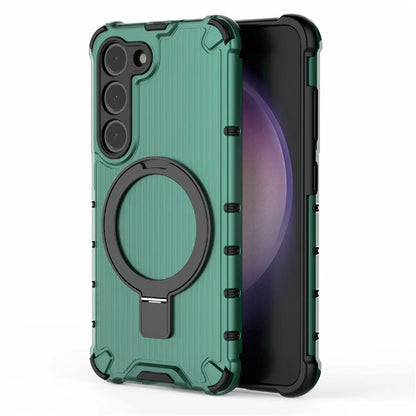 For Samsung Galaxy S23+ Case Ring Kickstand Stripe Design PC+TPU Shell Compatible with MagSafe