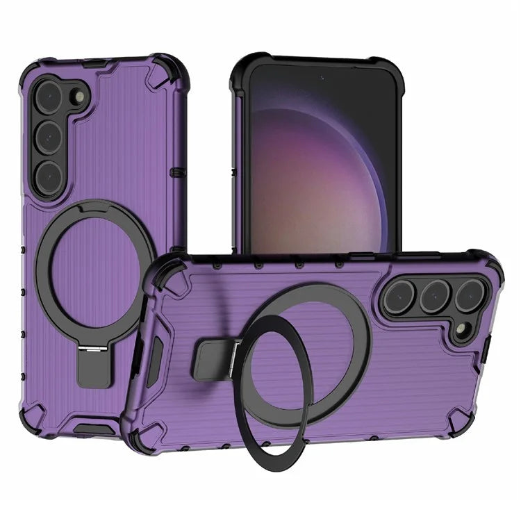 For Samsung Galaxy S23+ Case Ring Kickstand Stripe Design PC+TPU Shell Compatible with MagSafe