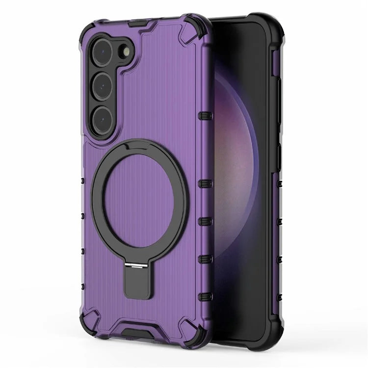 For Samsung Galaxy S23+ Case Ring Kickstand Stripe Design PC+TPU Shell Compatible with MagSafe