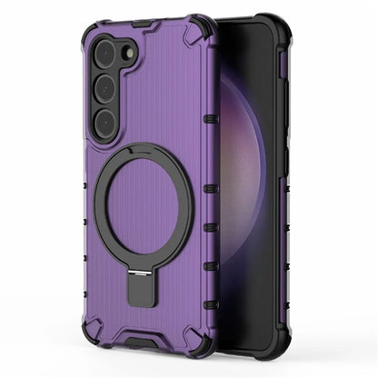 For Samsung Galaxy S23+ Case Ring Kickstand Stripe Design PC+TPU Shell Compatible with MagSafe