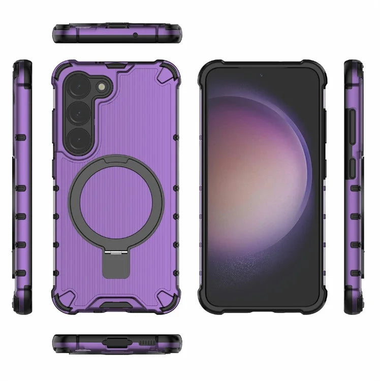 For Samsung Galaxy S23+ Case Ring Kickstand Stripe Design PC+TPU Shell Compatible with MagSafe