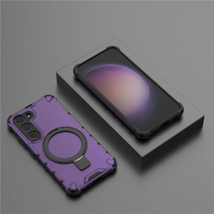 For Samsung Galaxy S23+ Case Ring Kickstand Stripe Design PC+TPU Shell Compatible with MagSafe