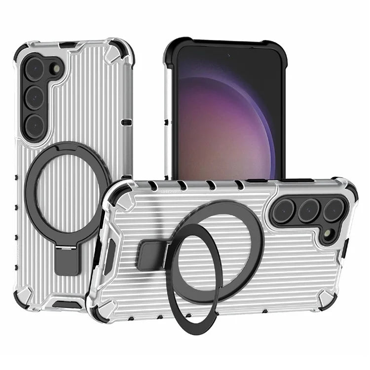 For Samsung Galaxy S23+ Case Ring Kickstand Stripe Design PC+TPU Shell Compatible with MagSafe