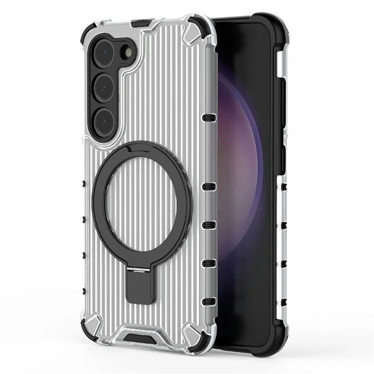 For Samsung Galaxy S23+ Case Ring Kickstand Stripe Design PC+TPU Shell Compatible with MagSafe