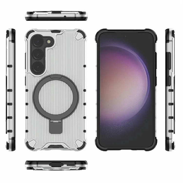 For Samsung Galaxy S23+ Case Ring Kickstand Stripe Design PC+TPU Shell Compatible with MagSafe