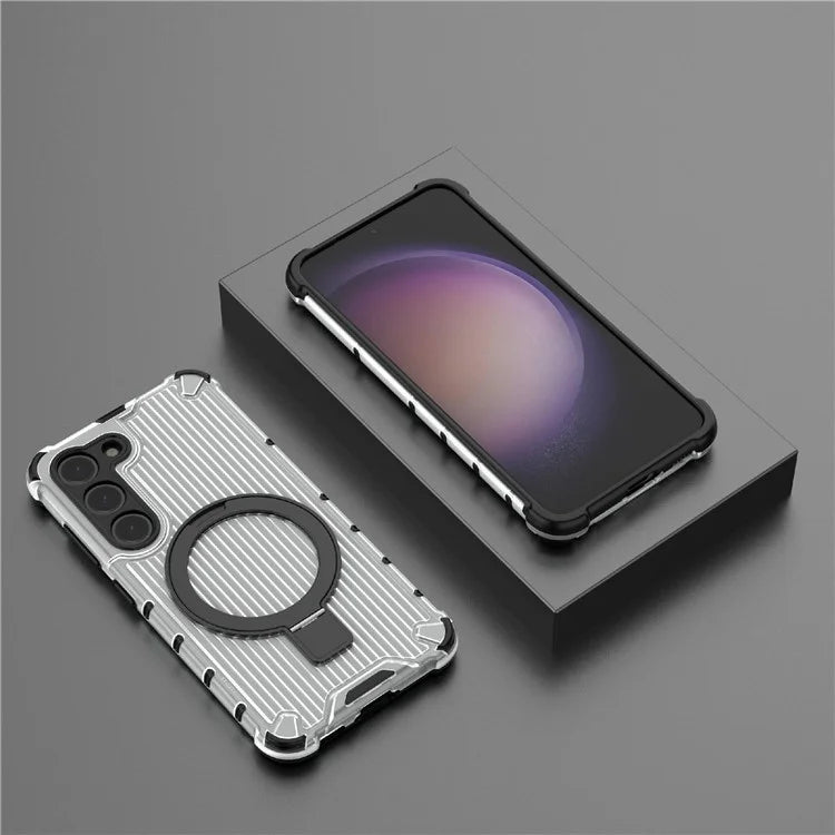 For Samsung Galaxy S23+ Case Ring Kickstand Stripe Design PC+TPU Shell Compatible with MagSafe