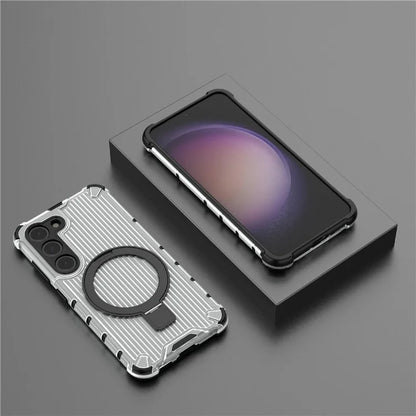 For Samsung Galaxy S23+ Case Ring Kickstand Stripe Design PC+TPU Shell Compatible with MagSafe