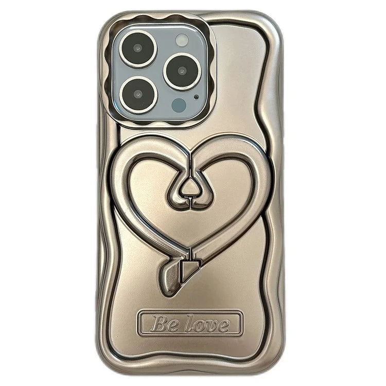 For iPhone 15 Pro Max Cover Heart Shape PC Kickstand Electroplated TPU Phone Case