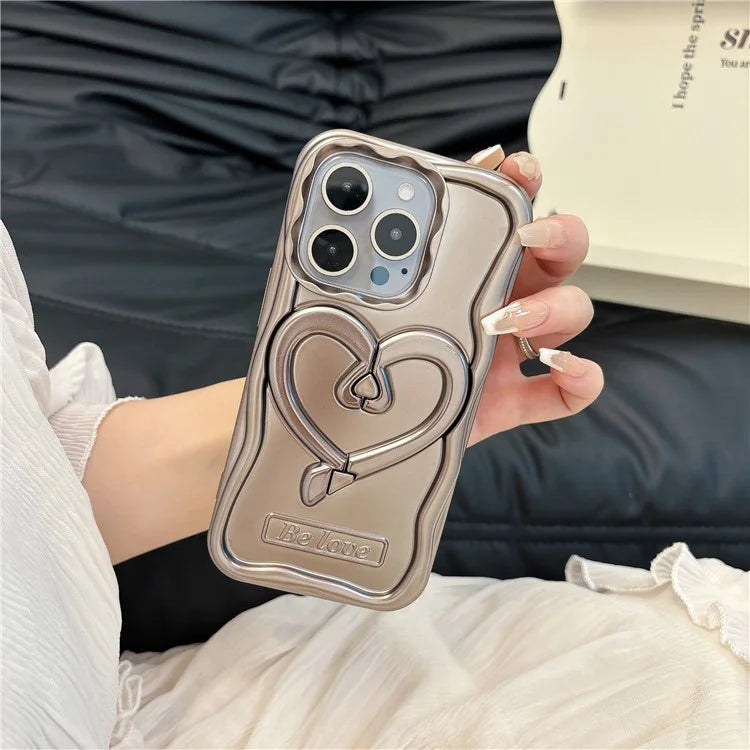 For iPhone 15 Pro Max Cover Heart Shape PC Kickstand Electroplated TPU Phone Case