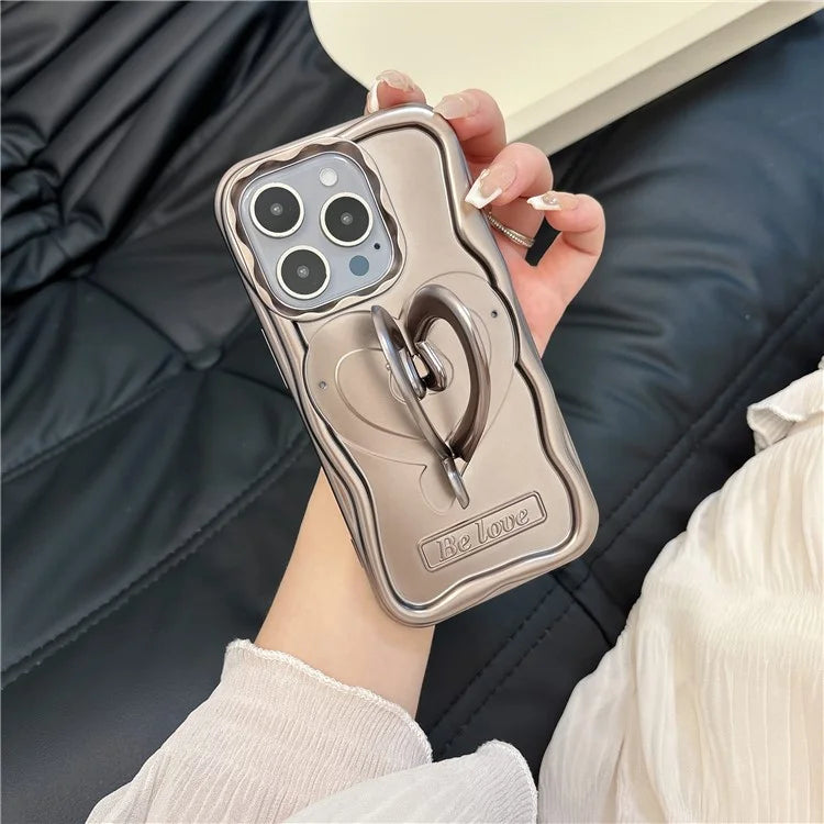 For iPhone 15 Pro Max Cover Heart Shape PC Kickstand Electroplated TPU Phone Case