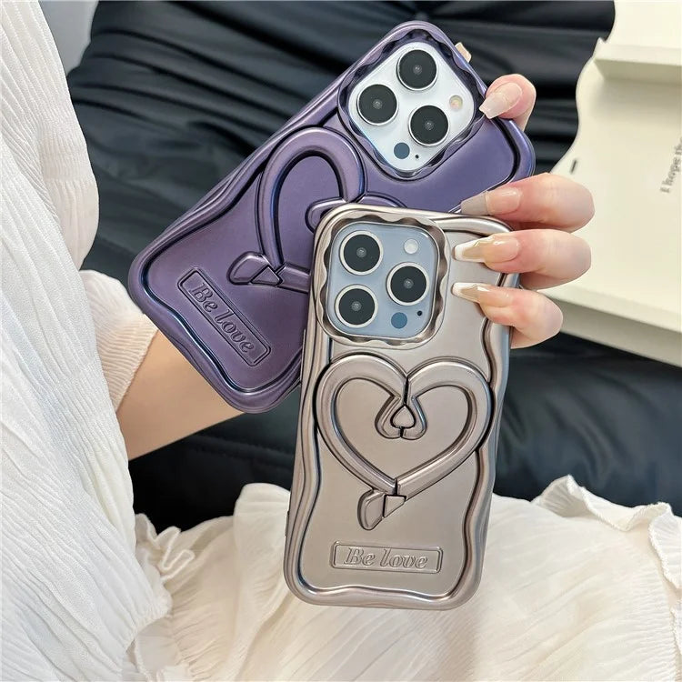 For iPhone 15 Pro Max Cover Heart Shape PC Kickstand Electroplated TPU Phone Case