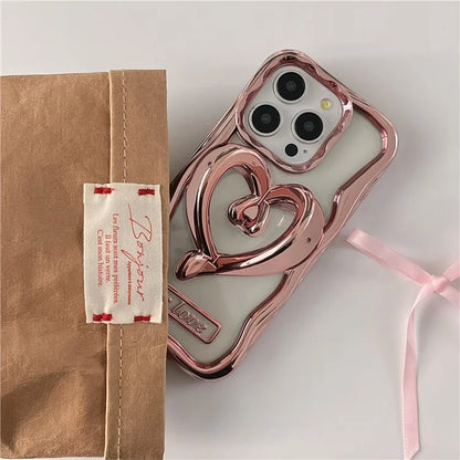 For iPhone 13 Pro Max Clear Phone Cover Heart Shape Kickstand Electroplated TPU Cell Phone Case