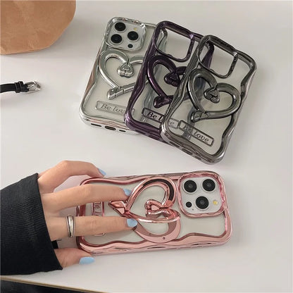 For iPhone 13 Pro Max Clear Phone Cover Heart Shape Kickstand Electroplated TPU Cell Phone Case