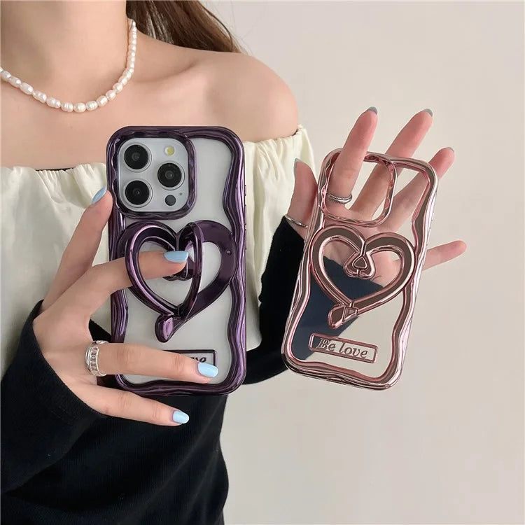 For iPhone 13 Pro Max Clear Phone Cover Heart Shape Kickstand Electroplated TPU Cell Phone Case